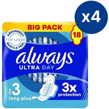 Always Ultra Sanitary Towels Long Plus (Size 3) With Wings 18 Pads bundle (4)