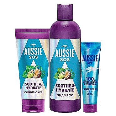 Aussie Sos Soothe & Hydrate Bundle Shampoo Conditioner Super Serum Leave In Treatment