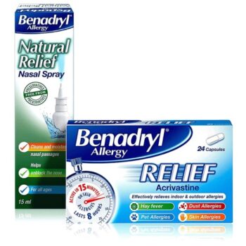 Benadryl Allergy Relief 24 Capsules & Natural Spray Bundle (15ml)