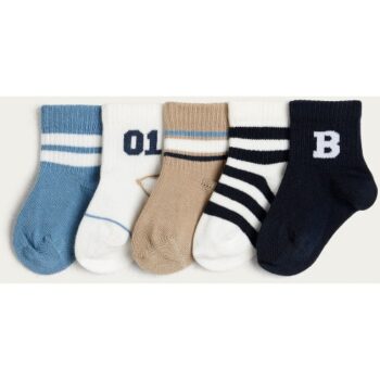 F&F Baby 5-Pack Cotton Rich Varsity Ankle Socks in Multi