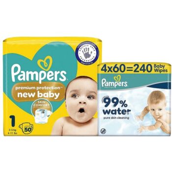 Pampers Premium Protection New Baby Size 1 50 Nappies & 99 Percent Water Wipes Plastic Free 60 Bundle