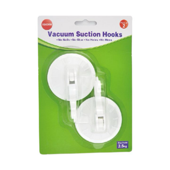 2 pack of large suction hooks, ideal for hanging lightweight items on suitable smooth surfaces without drilling.
