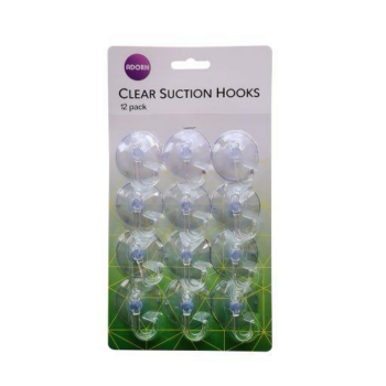 12 pack of clear suction hooks, ideal for hanging lightweight items on suitable smooth surfaces without drilling.