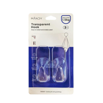 2 pack of heavy duty self adhesive clear hooks, designed to hold up to 1.5kg on suitable smooth surfaces.
