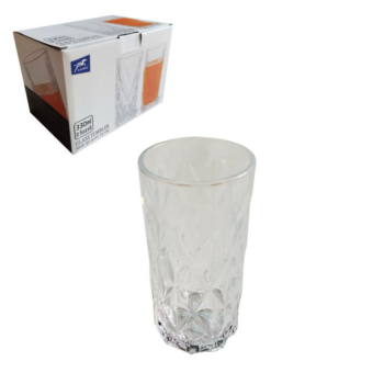 6 piece glass cup set, 330ml each, measuring 14.5 x 7.2cm, ideal for water, juice, and everyday cold drinks.