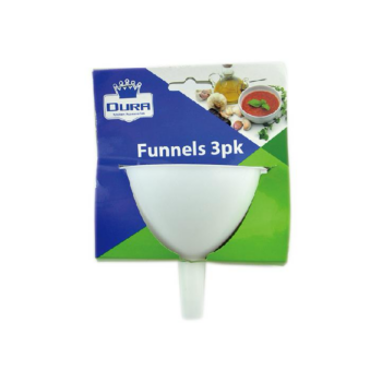 3 pack of funnels, ideal for transferring liquids, powders, and small dry ingredients into bottles and containers.